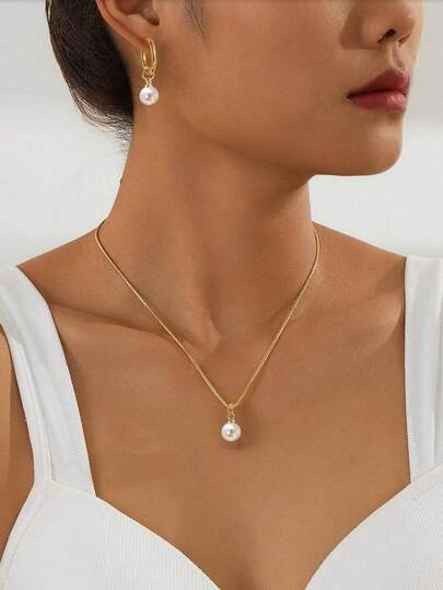 1 Bộ dây chuyền trang sức nữ bằng thép không gỉ, đính ngọc trai, kiểu dáng tối giản thanh lịch, màu vàng, phù hợp để đeo hàng ngày, dự tiệc, hoặc làm phụ kiện cho kỳ nghỉ hè.