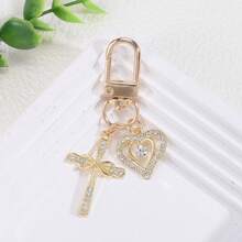1pc Multi-Color Rhinestone Cross & Heart Shaped Keychain, Vintage Chic Metal Bag Charm Pendant, Couple Accessory - Multicolor - View 1