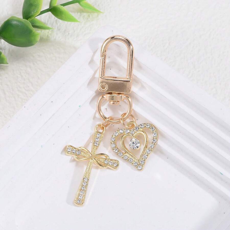 1pc Multi-Color Rhinestone Cross & Heart Shaped Keychain, Vintage Chic Metal Bag Charm Pendant, Couple Accessory - Multicolor - View 1