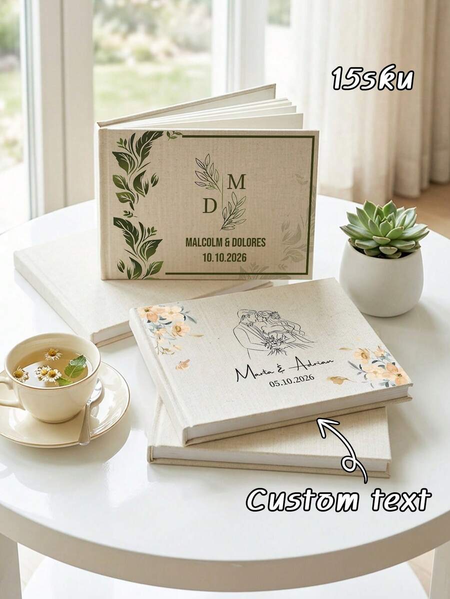 Sổ lưu niệm đám cưới tùy chỉnh, 1 cuốn, chữ tùy chỉnh, bìa cứng bằng vải lanh, sổ ký tên đám cưới cá nhân hóa với thiết kế hoa văn, kỷ niệm đám cưới. - Nhiều màu - Xem 1