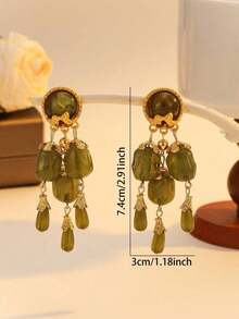 1 Pair Retro Olive Green Palace Style Long Tassel Earrings, Unique Personalized Design, Suitable For Parties And Everyday Wear - 流蘇耳環 - 查看 3