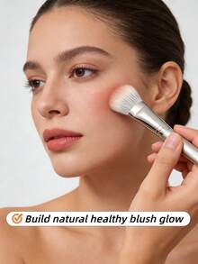 OEIEZ 1 pieza Brocha de rubor suave y esponjosa, cerdas de fibra de alta calidad, brocha de maquillaje profesional, adecuada para polvos, cremas, rubor líquido y herramienta de contorneado facial, accesorio de maquillaje vegano y diario - Plateado - Ver 2