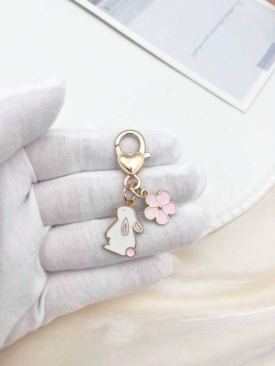 1个/6个可爱迷你白兔挂件，粉色花朵装饰，可爱心形吊坠，小巧配饰，可用于包包、背包、房间装饰，日常使用，节日礼物，包包挂件配饰，教师节礼物 - 彩色 - 查看 1
