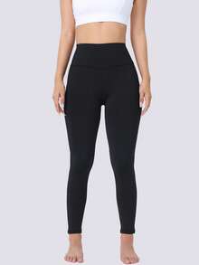 High Waist Skinny Pants With Pockets, Solid Color Outdoor Running Workout Leggings, Fitness Pilates Waist Cinching Yoga Pants, Elastic Compression Tights Sports - Black - View 4