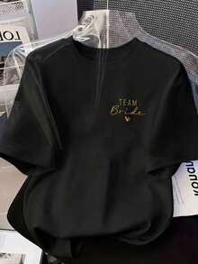 女士日常婚礼主题装饰图案，以及草书“”标语，圆领短袖休闲T恤，适合春/秋/夏季穿着，可作为返校季女装、夏季上衣、度假装、春装、夜店装等。黑色 - 黑色 - 查看 7