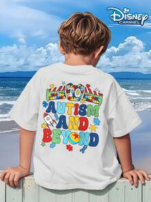 Disney Toy Story Autism Awareness T-Shirt, Combining Puzzle Elements With Buzz Lightyear Image, Lively Colors, Full Of Love And Positive Energy Print Pattern Summer Tops,Short-Sleeved Casual And Cute Style  Children's Clothing Design, Boy Clothes For Kids ,Ropa Para Niños,Boy Clothes For Kids,Graphic Tee, Summer Clothes,Perfect For Cool Boy. Comfortable And Breathable Children's Short-Sleeved T-Shirt. Comfortable And Casual Wear All Year Round 180g Pure Cotton Children's Clothes,Comfortable & Lightweight, Iconic Print For Mix-And-Match Outfits,Suitable For Both Boys And Girls. - White - View 3