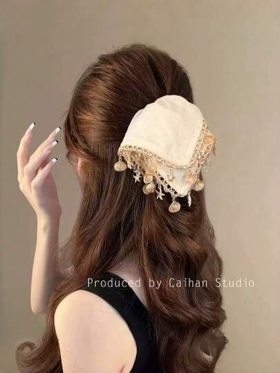 1pc Oversized Scrunchie With Beige Shell & Starfish Pattern, Decorated With Tassel Headband, Boho Style Hair Accessory Suitable For Daily Wear, Sports, Beach Activities And Festival Matching, Casual Headband For Spring/Autumn, Suitable For Women On Vacation