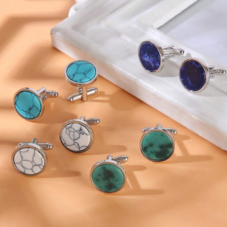 2PcsBlue Stone Cufflinks Men French Cuff Shirt Round White Gemstone Fashion Wedding Groom Bridal Business Casual Dress Cuff Links Men's Jewelry Luxury Gifts - Multicolor - View 1