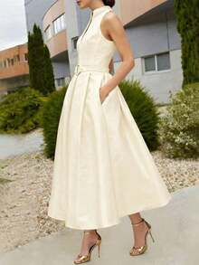 Women's Elegant Tie-Waist A-Line Dress, New Spring/Summer & Summer/Autumn Styles, Sleeveless V-Neck, Office/Commute Dress Black - 杏色 - 查看 6