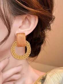 1 Pair Minimalist Bohemian Handmade Rattan Geometric Wooden Stud Earrings, Suitable For Women's Daily And Vacation Wear - Rattan B - View 2