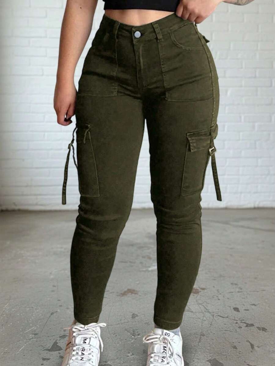 Pantalones cargo de mezclilla de unicolor, de estilo Y2K, con bolsillos, casuales y versátiles, para primavera - Verde Oscuro - Ver 1