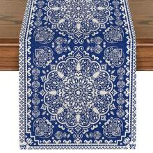 1 pieza Camino de mesa de lino con estampado floral azul, disponible en múltiples tamaños, adecuado para comedor del hogar, decoración de cocina, decoración del hogar, fiesta al aire libre y decoración de restaurantes, con apariencia de lino texturizado - Multicolor - View 15