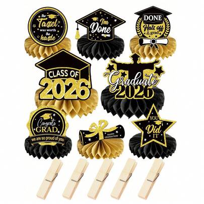 16 قطعة - مجموعة ديكور طاولة تخرج الفئة 2026 - مركز طاولة من النحل المجوف مع مشابك مكتوب عليه "تهانينا"، ديكورات التخرج، الفئة 2026، مركز طاولة من النحل المجوف مكتوب عليه "تهانينا على تخرجك"، ديكورات طاولة التخرج، لوازم موكب التخرج، مجموعة هدايا الحفلة (نظام الألوان الأسود والذهبي)