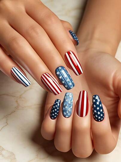 24pcs Independence Day Star Pattern Medium-Long Wearable Nail Stickers, Red & White Striped Sweet Style Ballet Fake Nails, Bicolor Convenient For Daily, Party, Vacation, Nail Art Stickers
