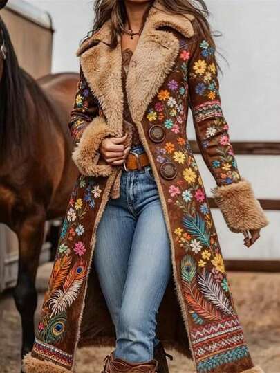 Abrigo vaquero occidental retro mujer invierno felpa interior estampado moda cálido