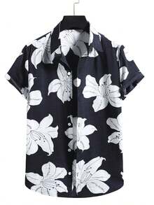 Elegant White Lily Blossoms Spread Across Deep Navy Background Symbolizing Purity Renewal And Calm Ocean Vibe 3D Printed Casual Mens Summer Short Sleeve Button Up Shirt - A508D-AT23522 - 查看 3