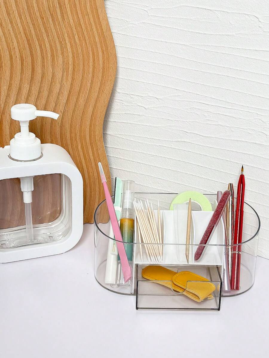 1PC Round Transparent Divided Nail Art Tool Storage Bucket With Drawer, Nail Pen, Cuticle Pusher, Nail File Storage Box - Multicolor - View 1