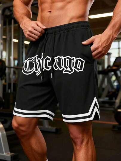 夏季新款男士运动短裤，休闲健身短裤，运动短裤，男友风印花，男士健身服，抽绳腰带，篮球短裤，弹力轻便运动裤，适合篮球、棒球、健身、跑步、训练、运动、户外活动，黑色