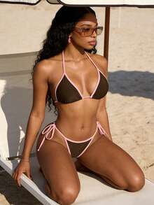 Atutua 女士夏季沙滩拼接细肩带时尚比基尼泳装套装，棕色比基尼两件套度假装 - 棕色 - 查看 6