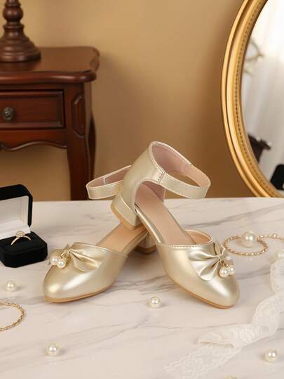 Giày cao gót thời trang dễ thương đính nơ và ngọc trai cho bé gái, chất liệu da cao cấp, đế cao su dày chống trơn trượt, giày cao gót xinh xắn cho bé gái dự tiệc, khiêu vũ, sandal cao gót đa năng cho bãi biển và khu nghỉ dưỡng.