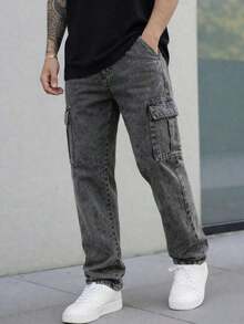 Men's Stonewashed Cargo Jeans With Drawstring Waist And Slight Stretch, Unisex Long, Loose-Fitting Casual Streetwear Skate Pants. - màu xám khói - Xem 5