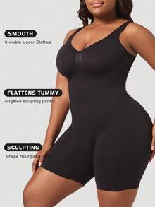 1pc Plus Size Women Slimming Waist Seamless Jumpsuit, Black Body Shaper Enhances Bust, Tummy Control, High Waist Bodysuit - Black - View 5