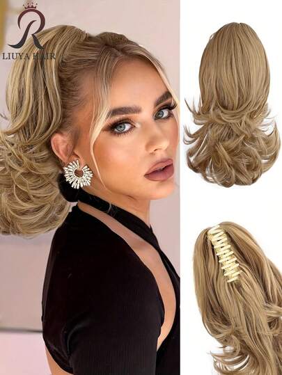 Postizo de cola de caballo de 14 pulgadas con clip / para mujer - Fibra sintética de onda rizada natural, con dispositivo de fijación de mandíbula / cierre a presión, piezas de cabello con capas y esponjosas, adecuado para uso diario, ocasiones de fiesta, apto para todo tipo de cabello (fácil de usar)