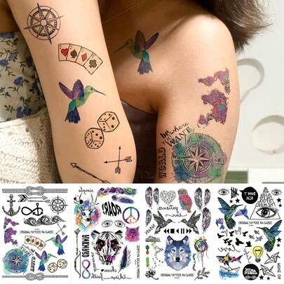 4张大尺寸身体临时纹身贴纸，男女通用。暗黑哥特风格，饰以奇幻的鸟羽和眼睛图案。防水纹身贴纸，可持续2-5天，可用于手臂、颈部、肩部、腰部、腿部和背部。是节日、派对、送礼和角色扮演的理想之选。