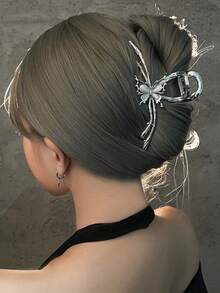 1 chiếc kẹp tóc hình bướm và mắt mèo bằng kim loại dành cho nữ, phụ kiện tóc thời trang và độc đáo. - Bạc - Xem 5