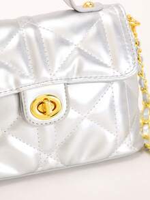 1 pièce Sac à chaîne rose en PU matelassé avec motif en diamant brodé, sac carré petit et à la mode avec rabat et fermeture à bascule, sac à épaule/bandoulière polyvalent convenant pour un usage quotidien, des sorties, les courses, le thé de l'après-midi - Argent - Voir 7