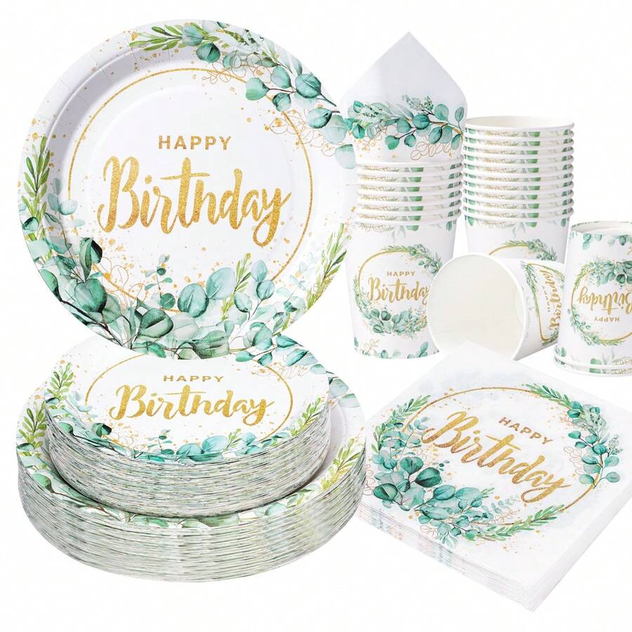 10-Piece Disposable Paper Tableware Set, Eucalyptus Green Birthday Party Supplies, Designed With Paper Plates And Cups, Elegant Botanical Theme, Rustic Garden Party, Minimalist Table Setup, Dessert Table And Celebration Decorations - Multicolor - View 1