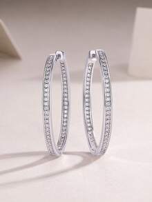 A Pair Of Romantic And Dazzling 925 Sterling Silver Hoop Earrings Inlaid With D-Color Moissanite, Women's Jewelry, Ideal Birthday And Christmas Gifts - Silver - View 5