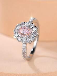 Vanel 1pc Oval Cut Pink Cubic Zirconia Ring, Floral Double Band Ring, Elegant Jewelry Gift, Suitable For Daily Wear And Parties - Multicolor - View 3