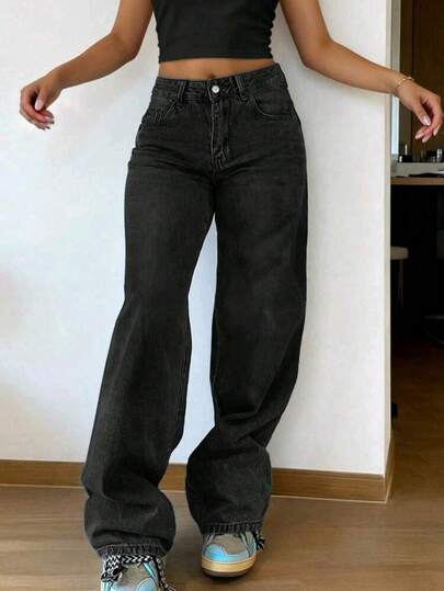 Women's Front Pocket Straight Leg Casual Jeans, Solid Color Minimalist Relaxed Fit Jeans For Everyday Wear Black Spring