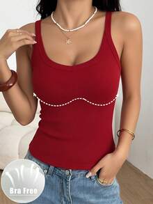 1pc Casual Comfortable Minimalist Camisole Top With Chest Pads, Sleeveless Slim Fit Solid Color Ribbed Undershirt, Suitable For All Seasons - Red - View 3