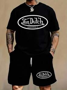 Von Dutch Originals Oval Logo Graphic Tee & Drawstring Shorts Vintage Streetwear Set - 黑色 - 查看 3