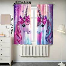 2pcs Pink Unicorn Pattern Semi-Blackout Curtains, No Drill Rod Design, Rod Pocket Hanging, Classic Style For Living Room, Kitchen, Home Decor, Room Divider, Made Of Polyester, Machine Washable - Multicolor - View 7