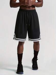 男士篮球短裤一条装 - 夏季运动风，轻薄宽松，速干，及膝长度，网眼面料，黑色 - 黑色 - 查看 9