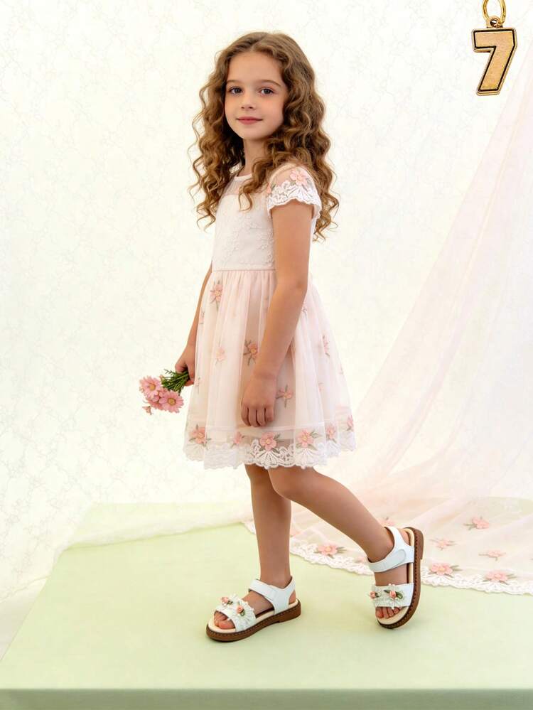 1 Pair White Princess Style Toddler Sandals, Girls' Non-Slip Flat Sandals, Hook And Loop Closure, 3D Embroidered Floral Decor, Suitable For Summer Outings, Weddings, Daily Wear, School - White - View 7