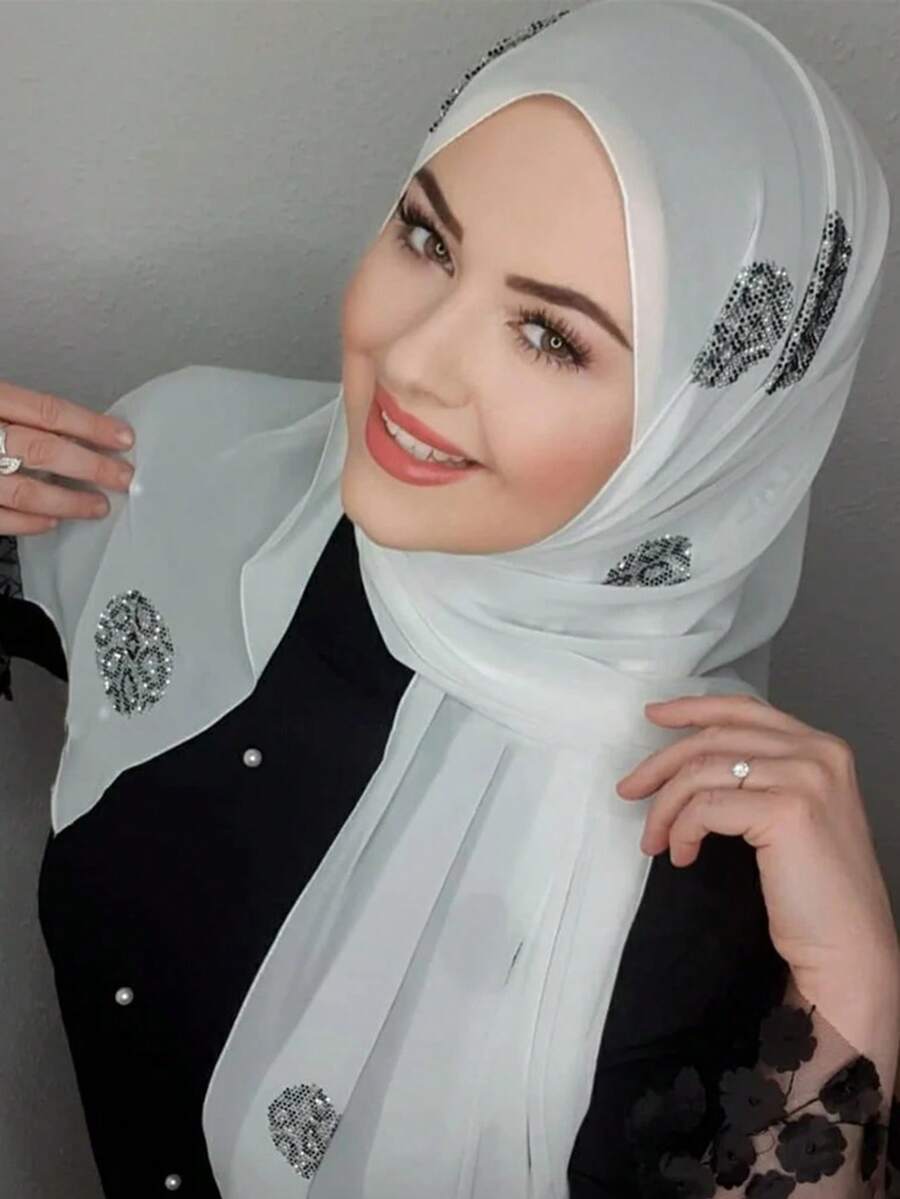 1 buc eșarfă musulmană instantă, eșarfă din șifon alb decorată cu strasuri, eșarfă pentru rochie araba Abaya pentru femei