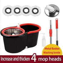 Rotary Mop And Bucket Set, Mop Bucket For Bathroom, School Bathroom, 360° Rotary Mop Bucket System, With 4 Replacement Microfiber Mop Heads And A 47-Inch Adjustable Handle, Used For Floor Cleaning, Bucket-Style Floor Cleaning Tool - Phiên bản nâng cấp, màu đen và đỏ, kèm theo bốn cây lau nhà. - Xem 1