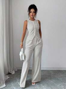 Women's Fashionable Solid Color Textured 2-Piece Set, Including Sleeveless Crew Neck Button Fitted Tank Top And High Waist Loose Straight Leg Pants, Elegant Commuter Style - màu nâu - Xem 11