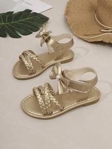 1 Pasang Sandal Anak Perempuan dengan Hiasan Pita, Desain Anyaman Silang Klasik, Sandal Datar Musim Panas Baru untuk Anak-anak, Cocok untuk Sekolah, Pesta, Jalan-jalan, Sandal Anak dengan Perekat Velcro - Emas - View 10