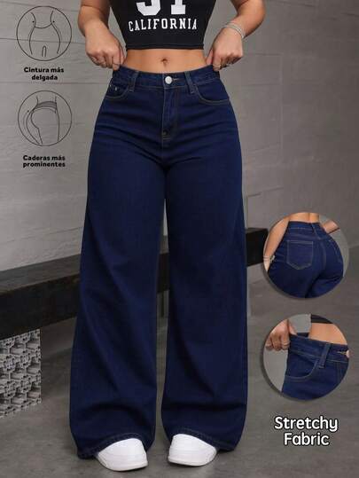 Jeans rectos de mezclilla azul oscuro efecto levantador de glúteos elásticos sueltos