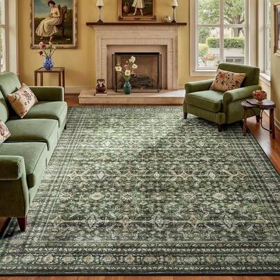 8x10 Area Rug For Living Room, Green Washable Large Rugs With Non-Slip Backing, Soft Boho Carpets For Bedroom Dining Room Home Office Indoor Nursery