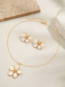 Set de collar y aretes con flor esmaltada blanca, joyería de estilo romántico francés, adecuada para uso diario, trabajo y vacaciones - Multicolor - Ver 3