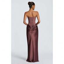 Imperial Style Fashion Temperament Elegant Women's Clothing Spicy Fish Bone Strapless Dress Waist Pleated Sexy Ribbon Satin Bread Buttocks Skirt - Màu Đỏ Sâu - Xem 4