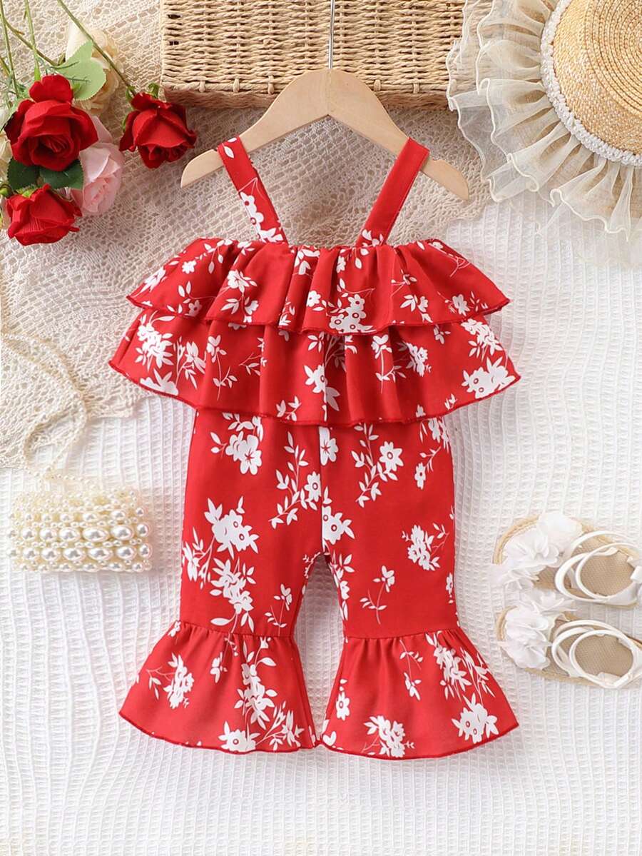 MYVLNA 1 pieza Mono sin mangas con volantes y estampado floral rojo dulce para niñas bebé, nuevo diseño de primavera/verano - Rojo - Ver 1