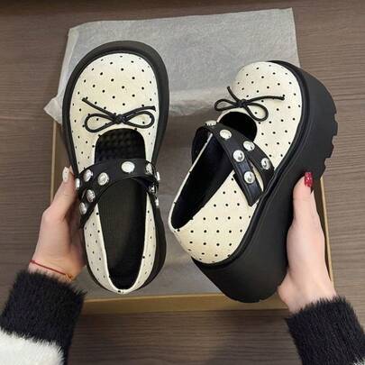 Women's Fashion Casual Bow Decor Criss-Cross Rivet Thick Bottom Platform Loafers