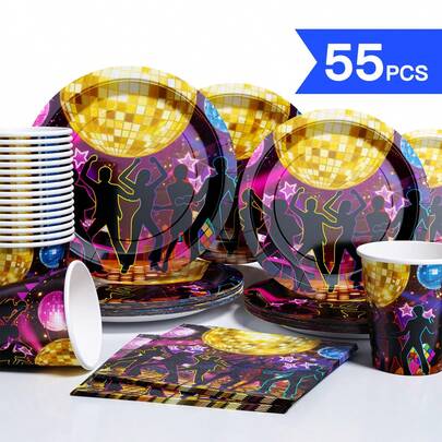 Disco Night Disposable Plate, Napkin, Cup Set, Plates, Napkins And Cups Party Supplies, Suitable For 10 Guests, Disposable Paper Plates Party Tableware Suitable For Birthday, Wedding, Party, Family Picnic